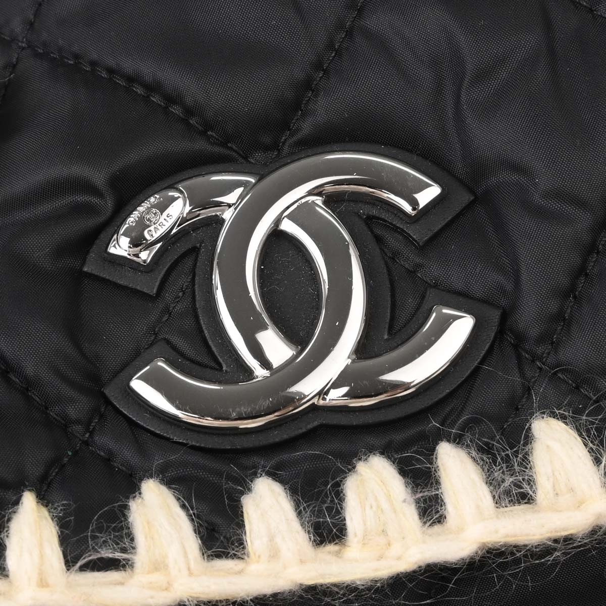 Chanel White Black Wool Nylon Coco Neige Shopping Tote 2way Shoulder Handbag