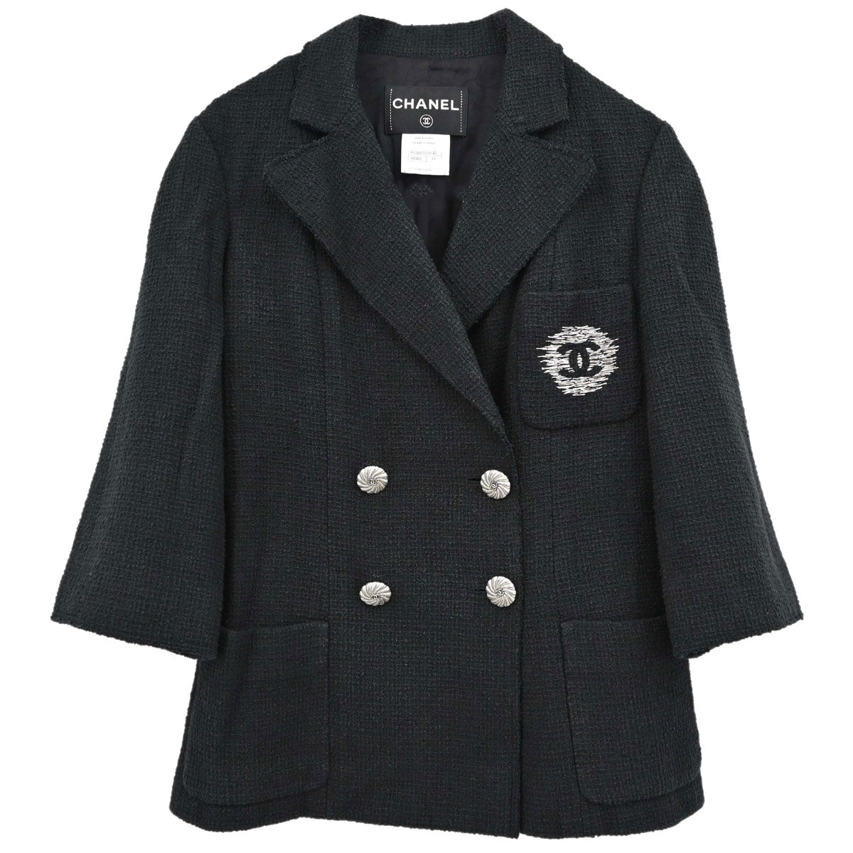 Chanel 2012 Double Breasted Jacket Tweed Black #34