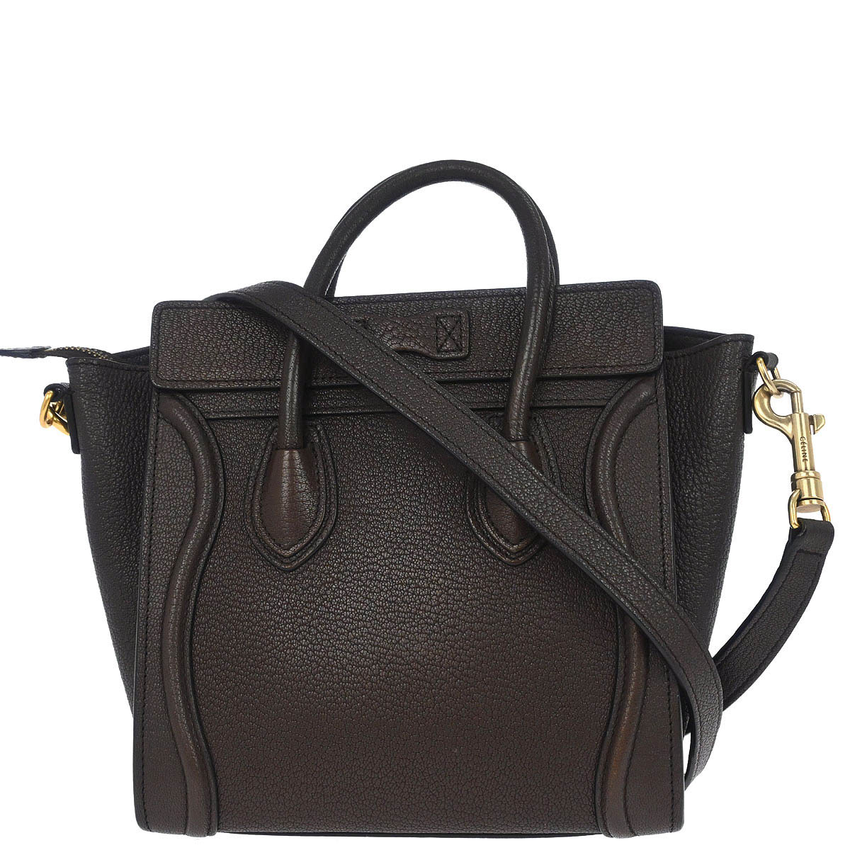 Celine Dark Brown Leather Nano Luggage Shoulder Tote Bag