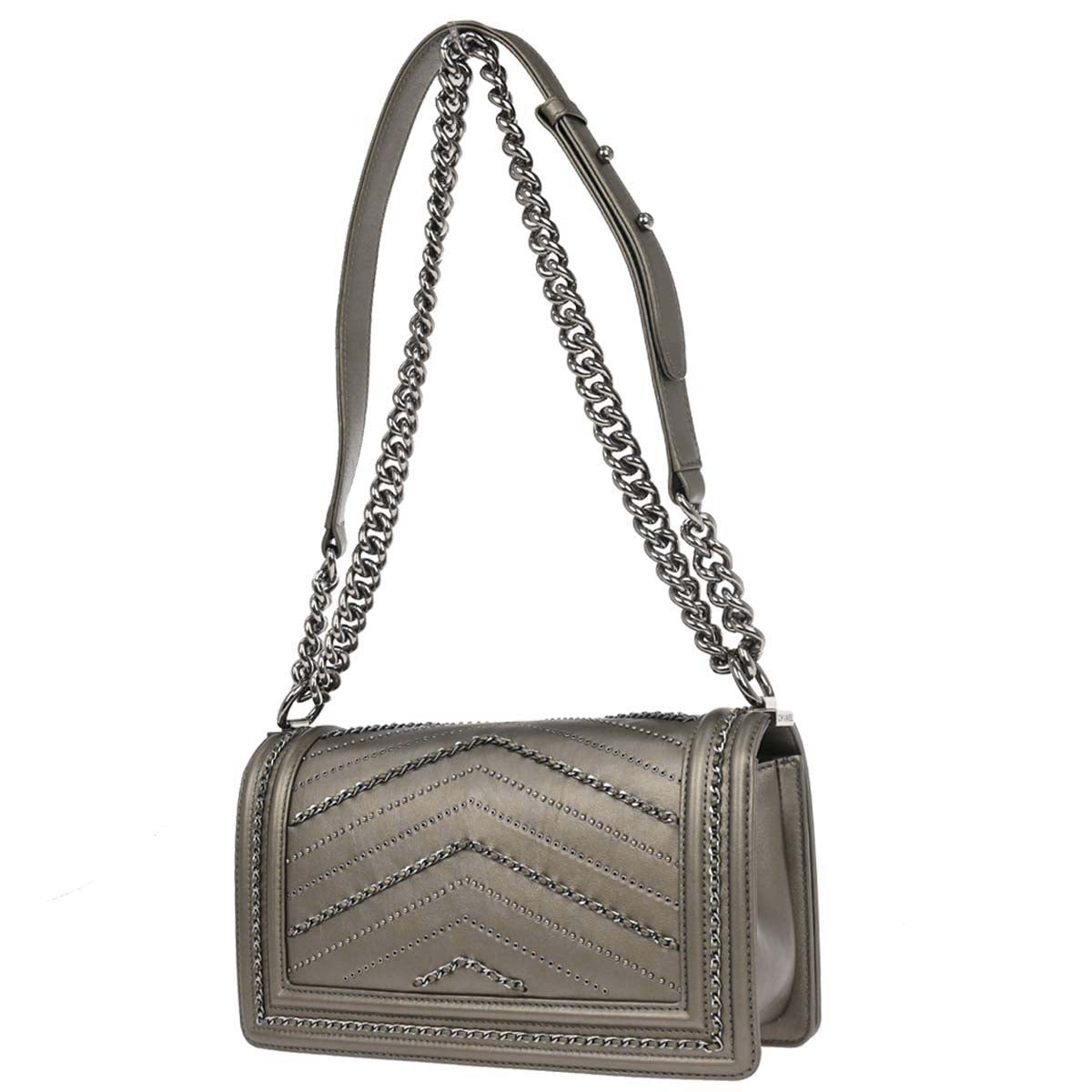 Boy Chanel Gray Calfskin Chevron Medium Chain Shoulder Bag