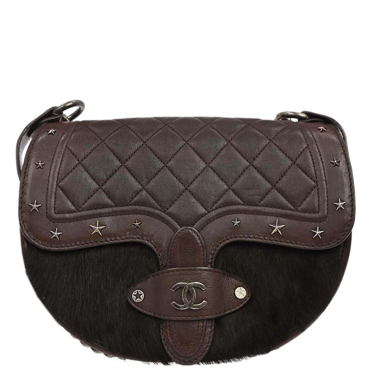 Chanel 2014 Brown Calfskin Pony Hair Paris-Dallas Saddle Shoulder Bag