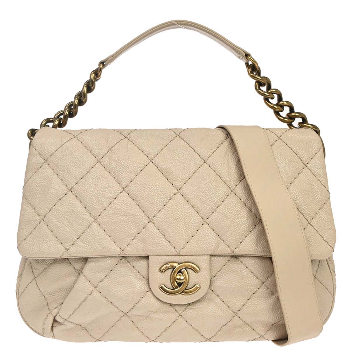 Chanel Beige Caviar Skin Coco Pleats 2way Shoulder Handbag