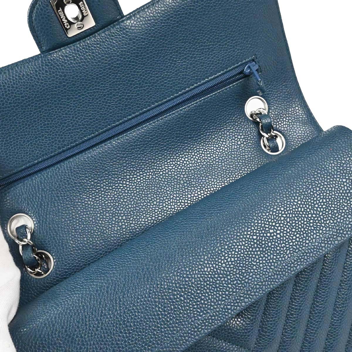 Chanel Blue Caviar Skin Chevron Medium Classic Double Flap Shoulder Bag
