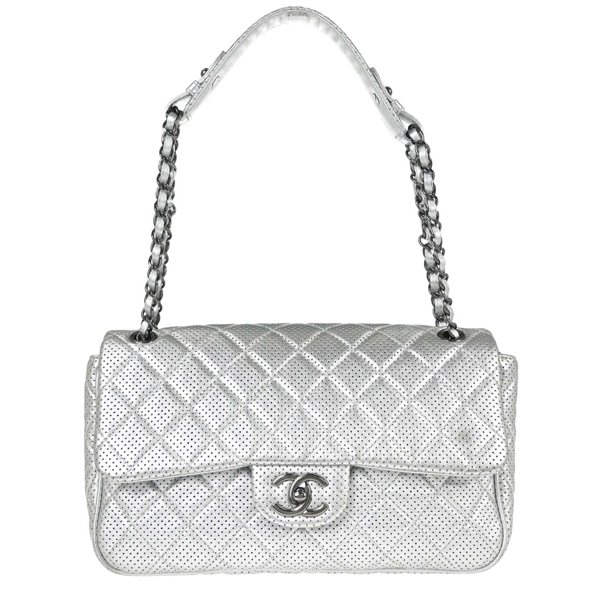 Chanel Silver Perforated Lambskin Handbag