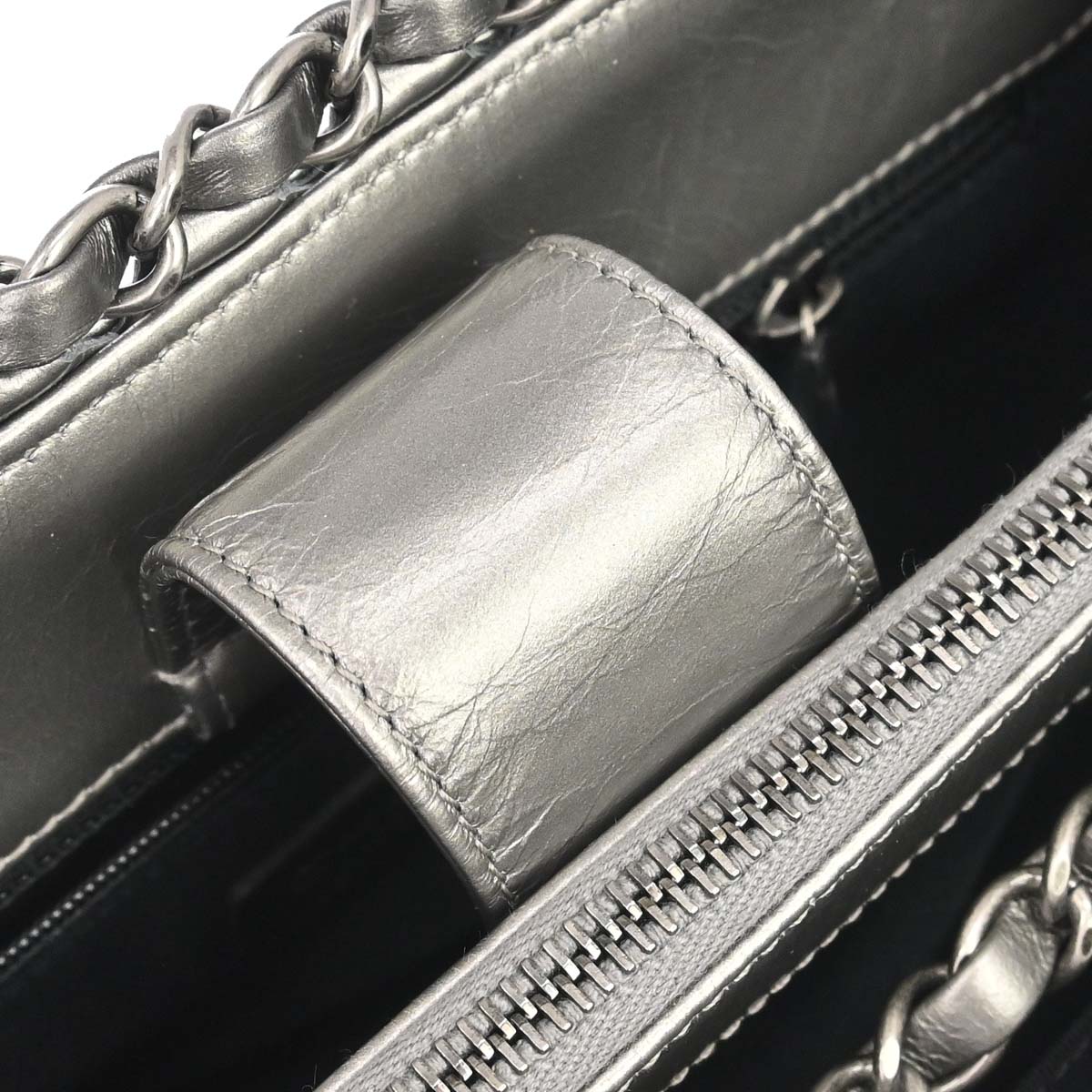 Chanel 2012 Metallic Silver Calfskin Chain Me Tote Handbag