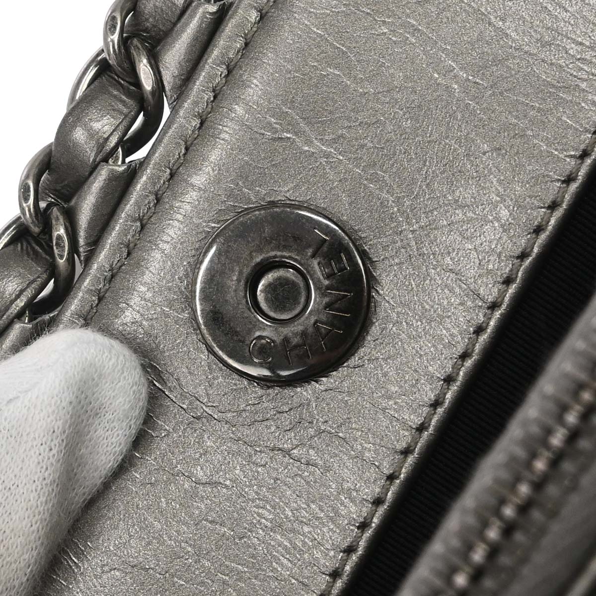 Chanel 2012 Metallic Silver Calfskin Chain Me Tote Handbag