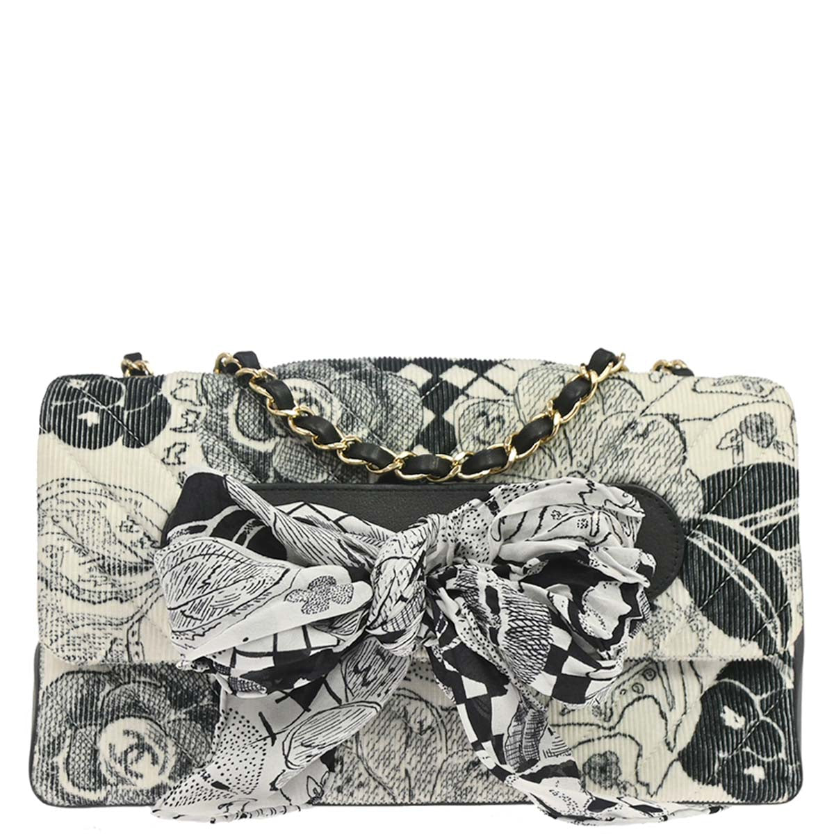 Chanel 2018-2019 Black White Silk Corduroy Chevron Shoulder Bag