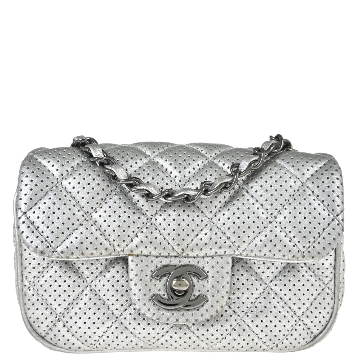 Chanel 2014 Silver Perforated Lambskin Classic Flap Shoulder Bag
