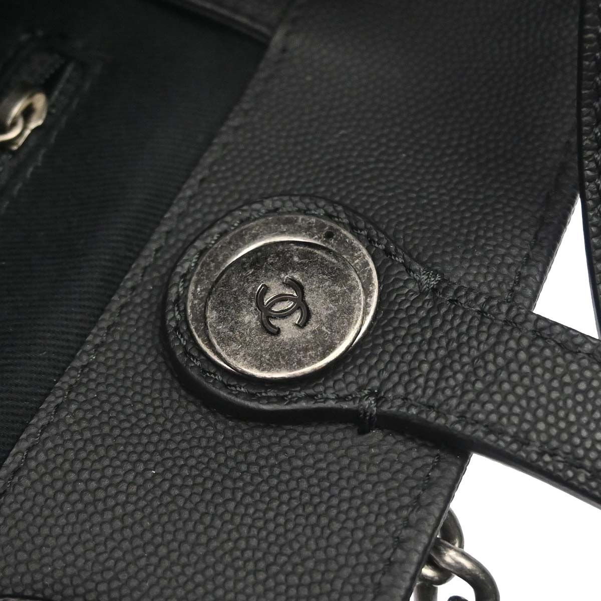 Chanel 2019 Black Caviar Skin Coco Eyelets Large Shopping Tote 2way Shoulder Chain Handbag