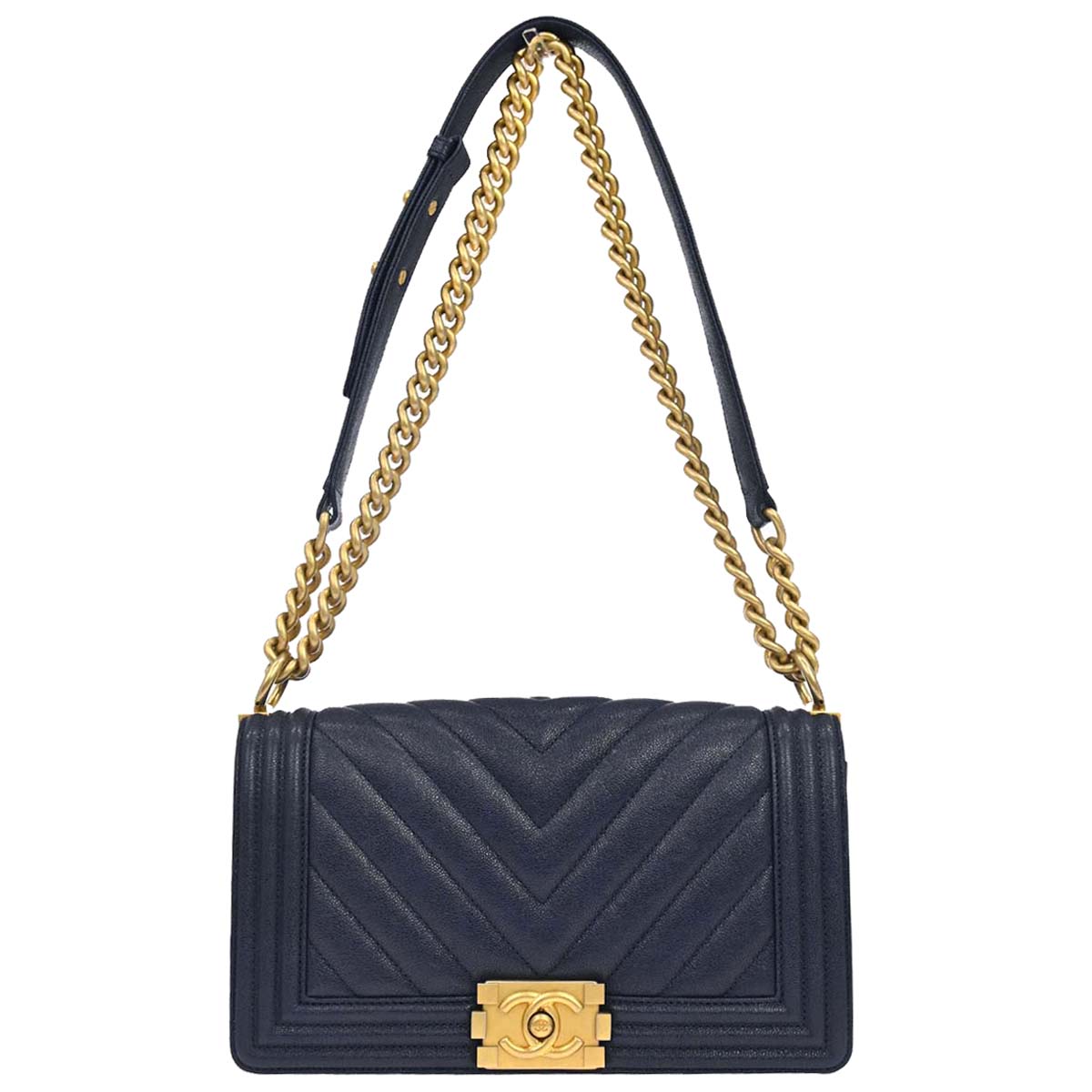 Boy Chanel 2018-2019 Navy Caviar Skin Chevron Medium Shoulder Bag