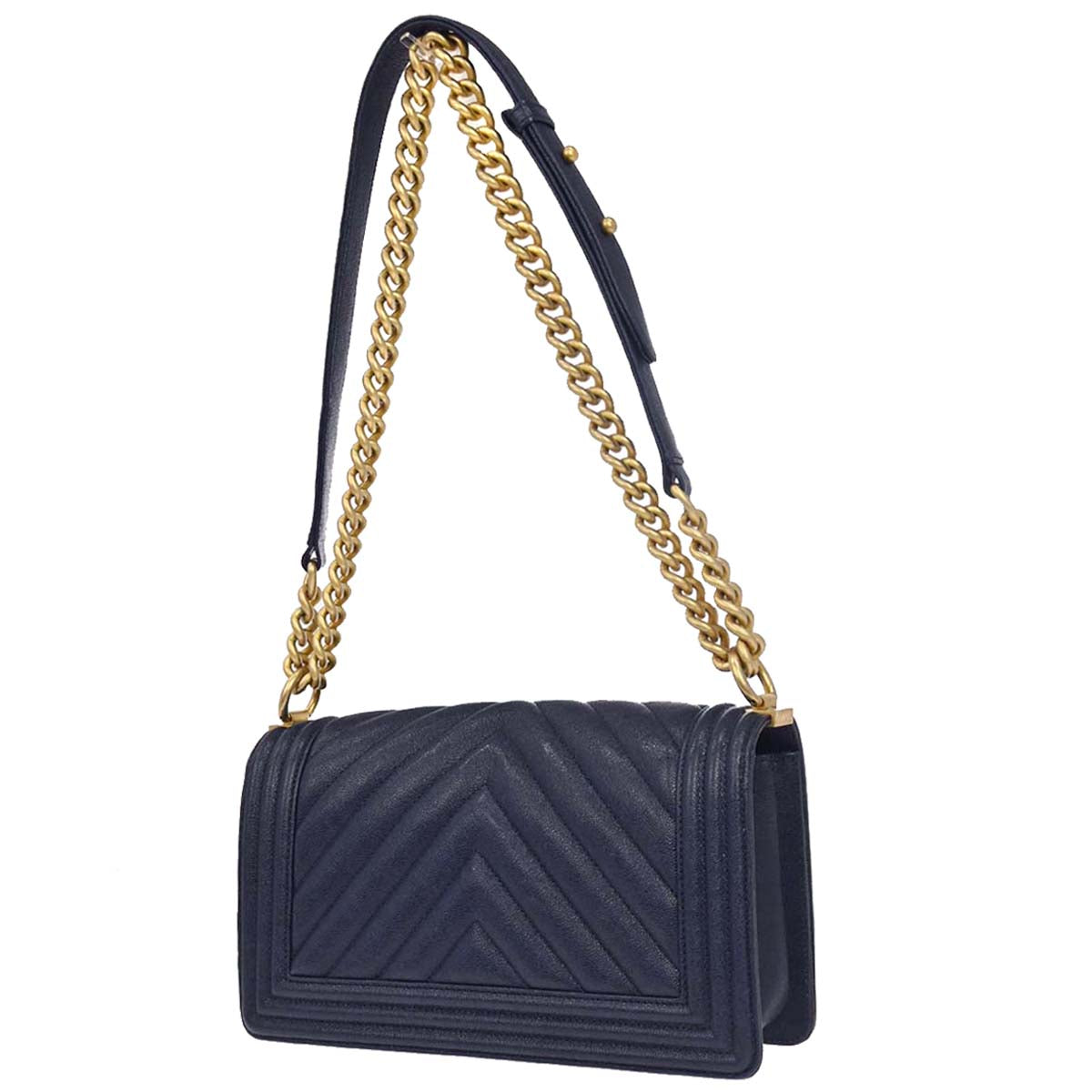 Boy Chanel 2018-2019 Navy Caviar Skin Chevron Medium Shoulder Bag