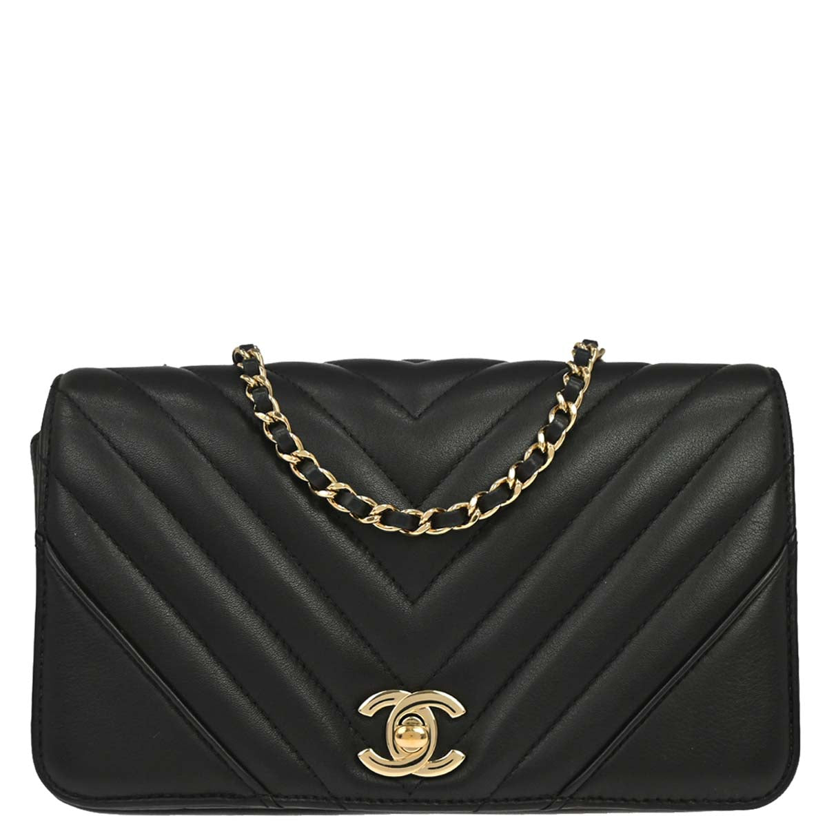 Chanel 2017-2018 Black Lambskin Chevron Turnlock Mini Full Flap Shoulder Bag