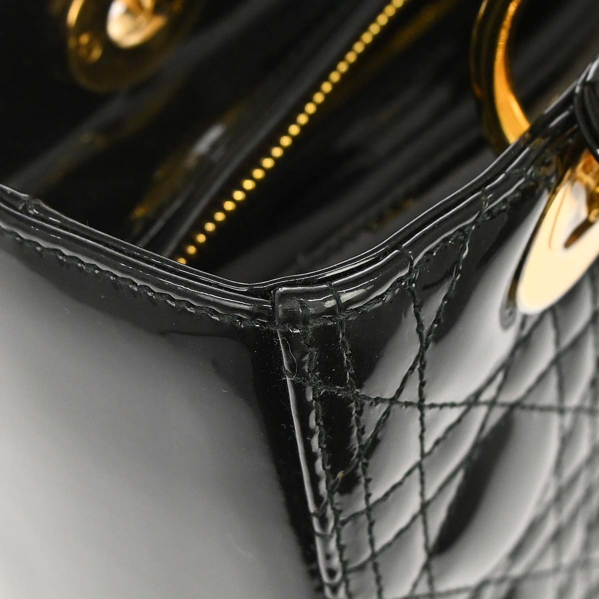 Christian Dior Black Patent leather Medium Lady Dior Cannage 2way Shoulder Handbag