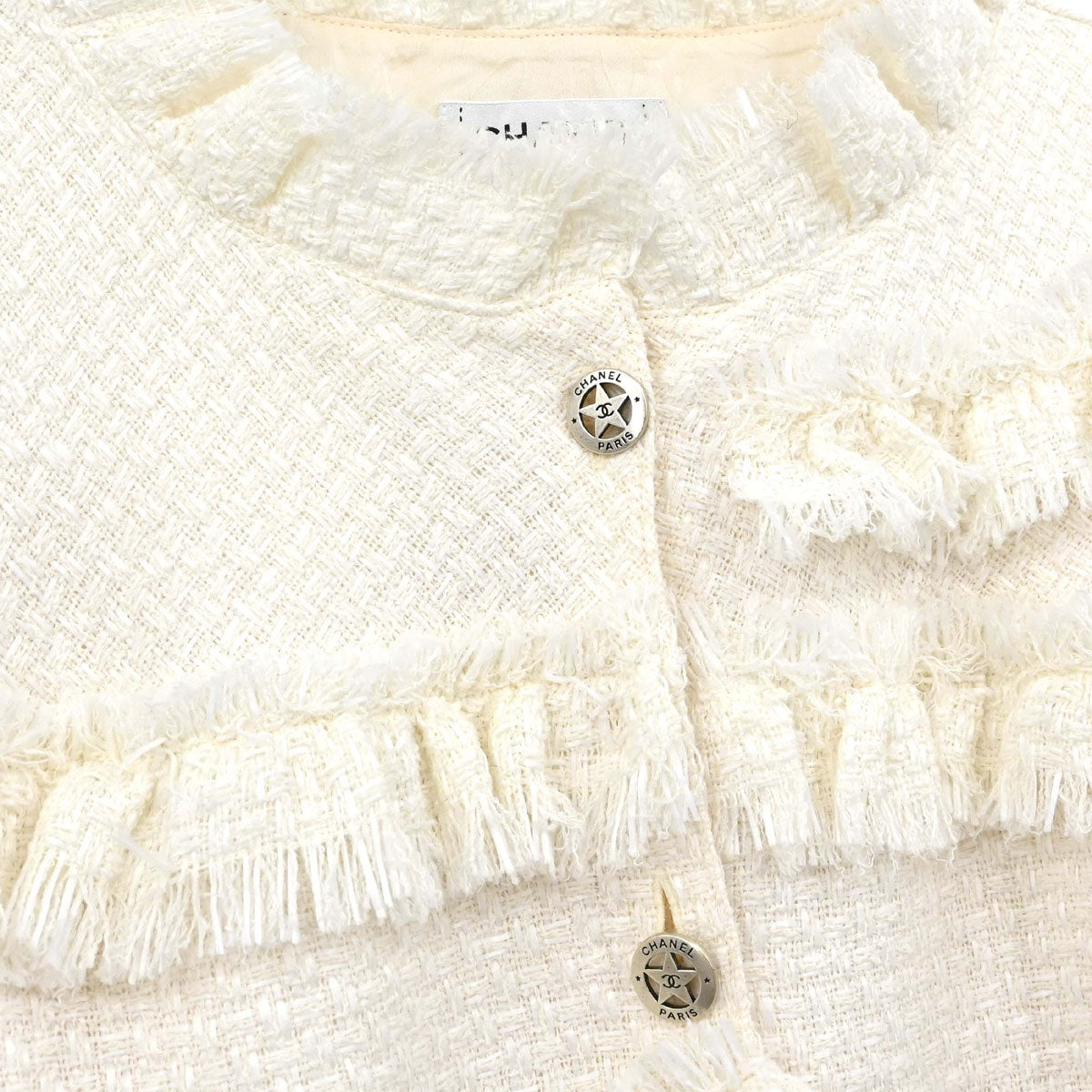 Chanel 2014 Single Breasted Fringe Tweed Jacket White #36