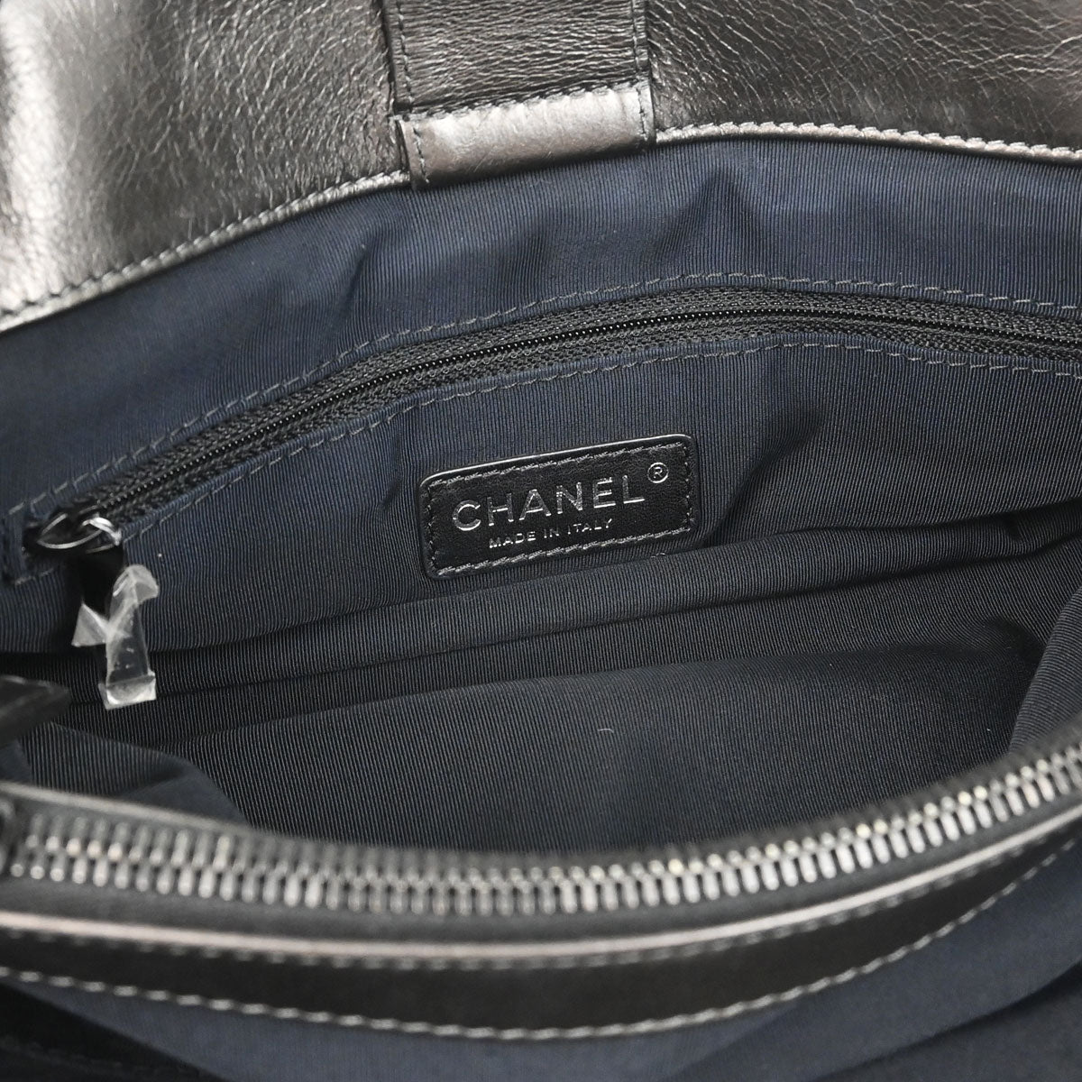 Chanel 2012 Metallic Gray Calfskin Chain Me Tote Handbag