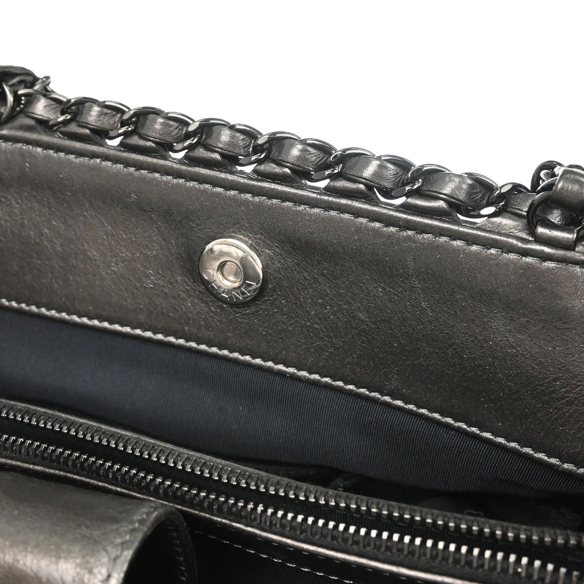 Chanel 2012 Metallic Gray Calfskin Chain Me Tote Handbag