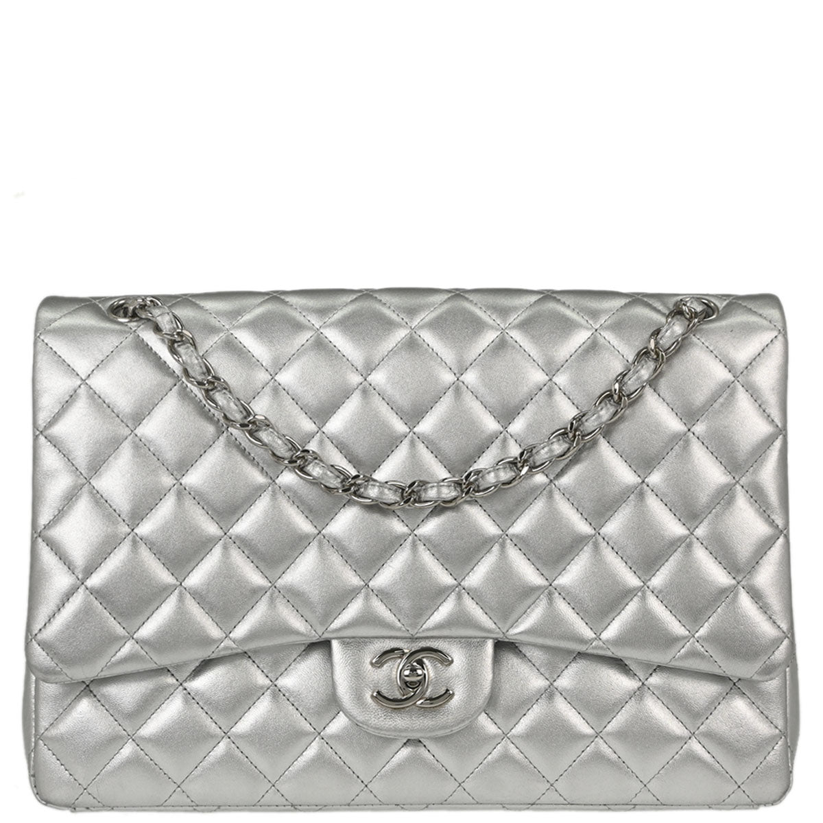 Chanel 2011 Metallic Silver Lambskin Maxi Classic Flap Shoulder Bag