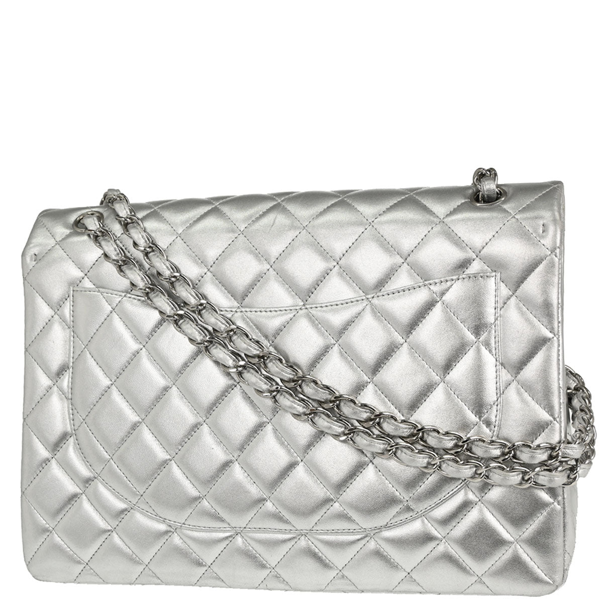 Chanel 2011 Metallic Silver Lambskin Maxi Classic Flap Shoulder Bag