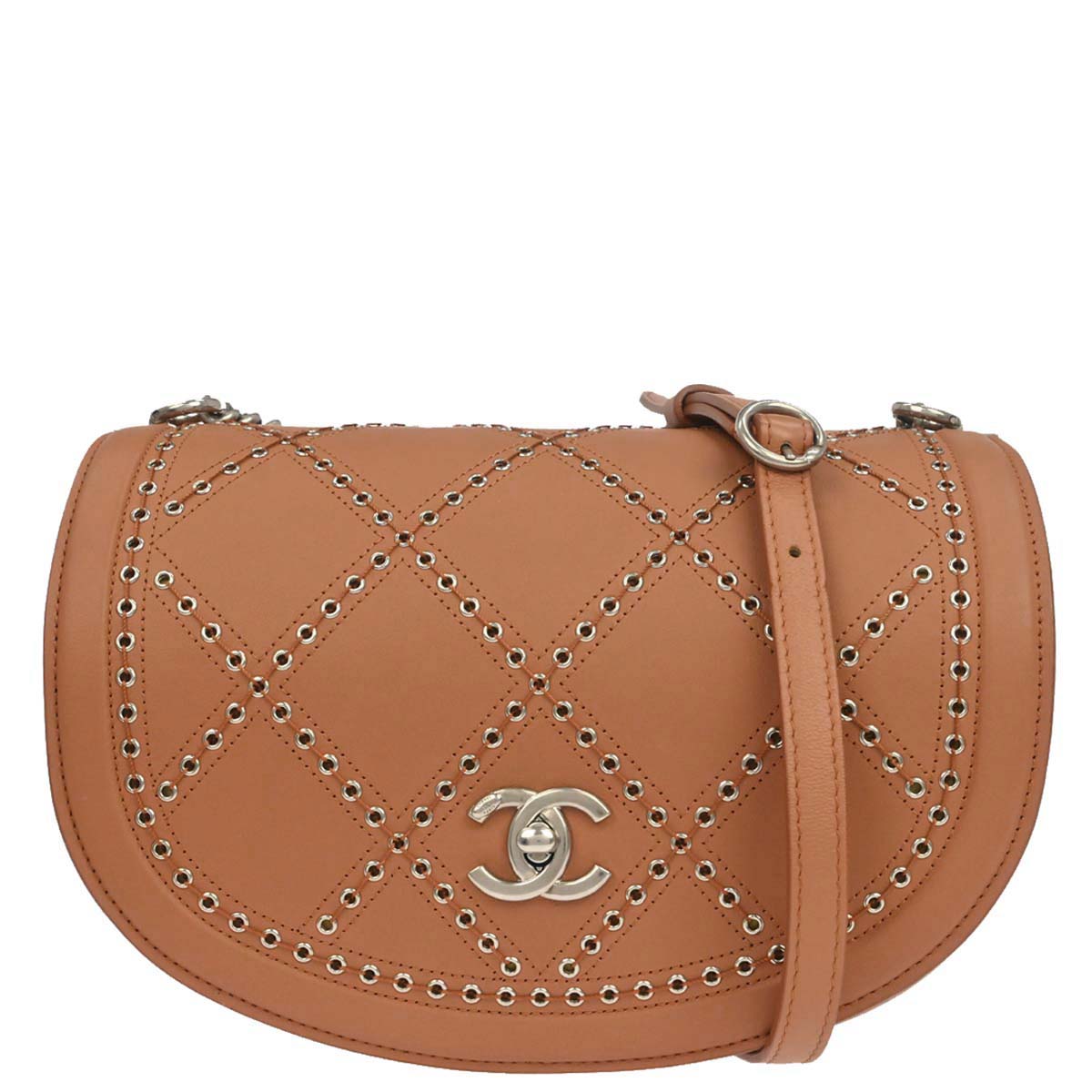 Chanel 2018 Brown Calfskin Coco Eyelets Round Flap Shoulder Bag