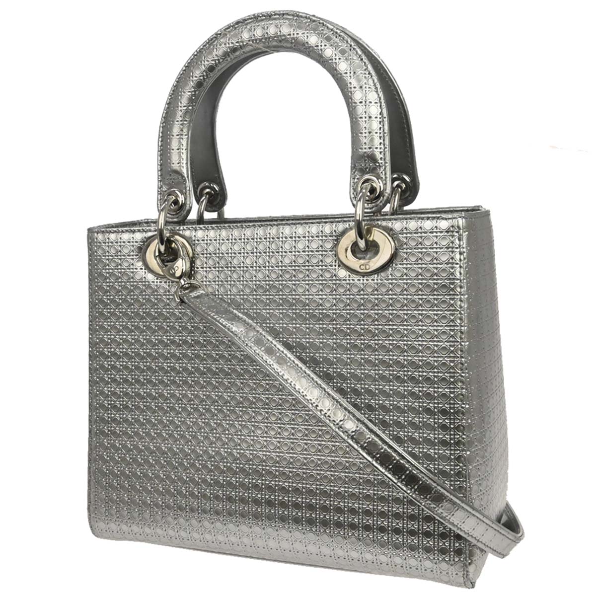 Christian Dior Silver Leather Medium Lady Dior Cannage 2way Shoulder Handbag