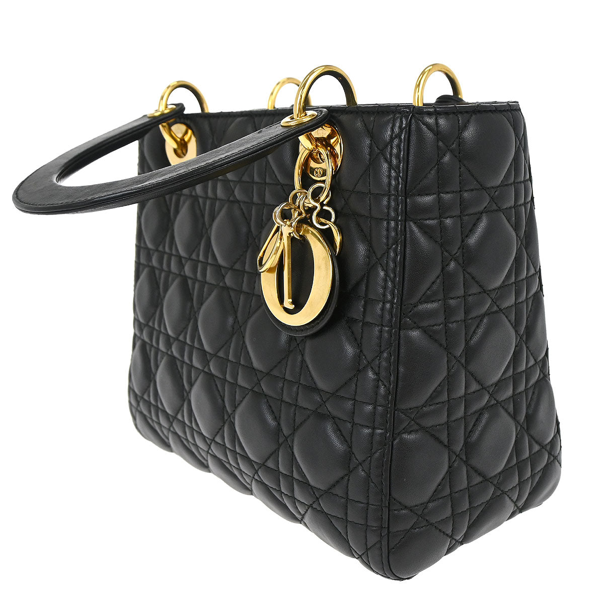 Christian Dior Black Lambskin Medium Lady Dior Cannage 2way Shoulder Handbag