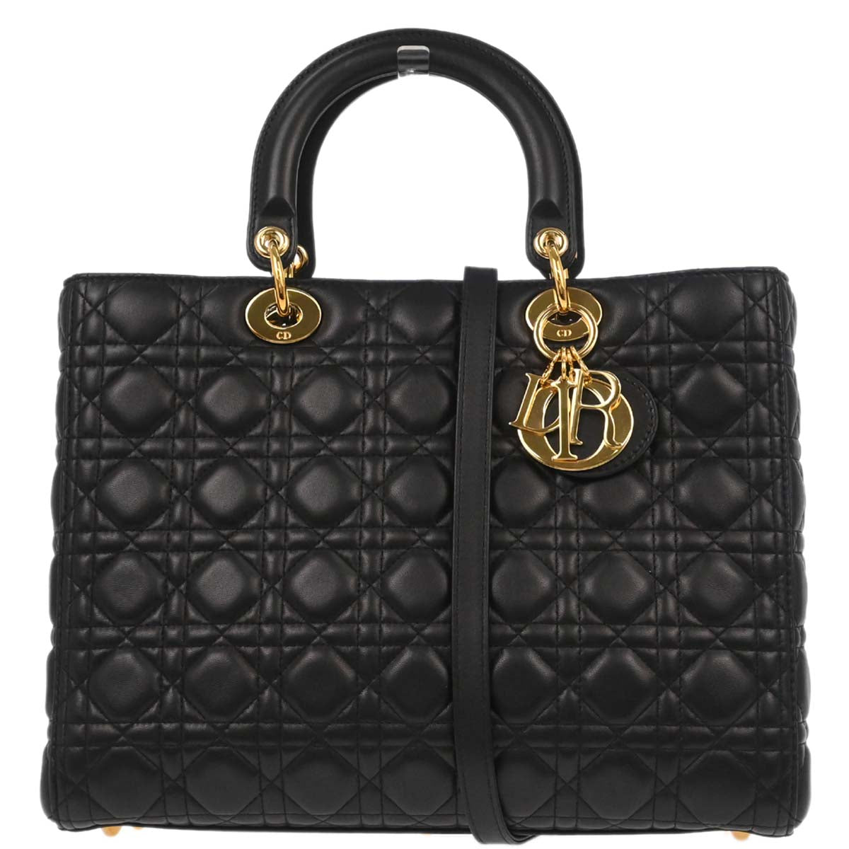 Christian Dior Black Lambskin Large Lady Dior Cannage 2way Shoulder Handbag