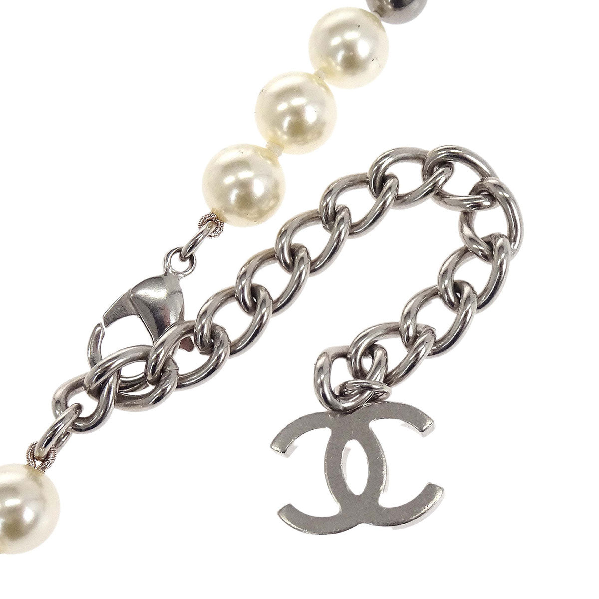 Chanel Chain Necklace Silver Costume Pearl B16S