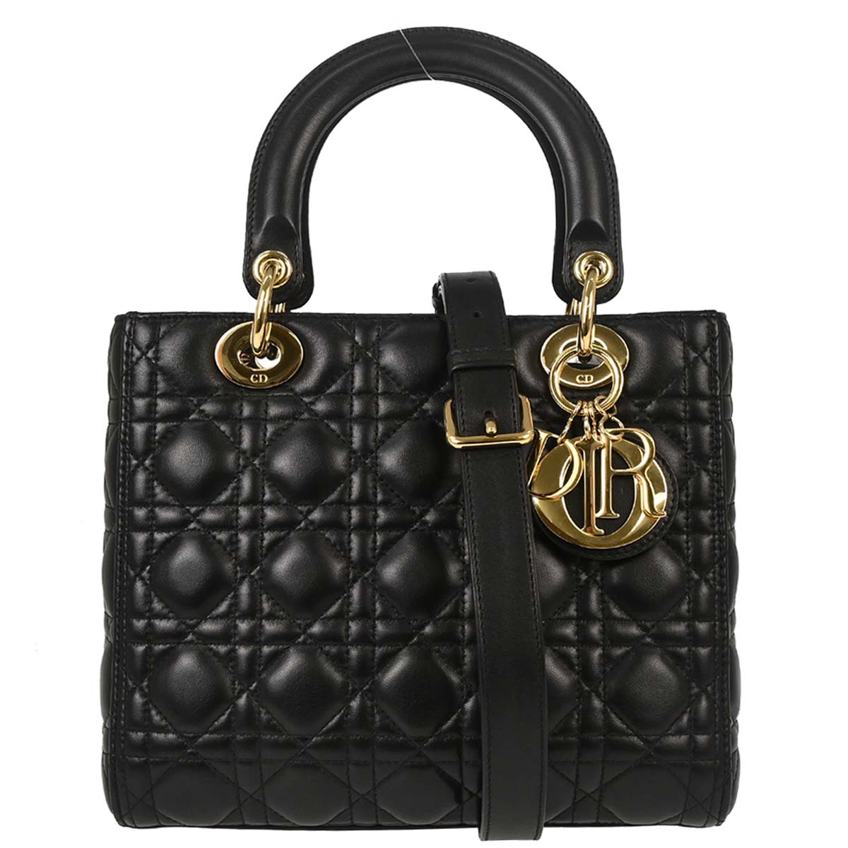 Christian Dior Black Lambskin Medium Lady Dior Cannage 2way Shoulder Handbag