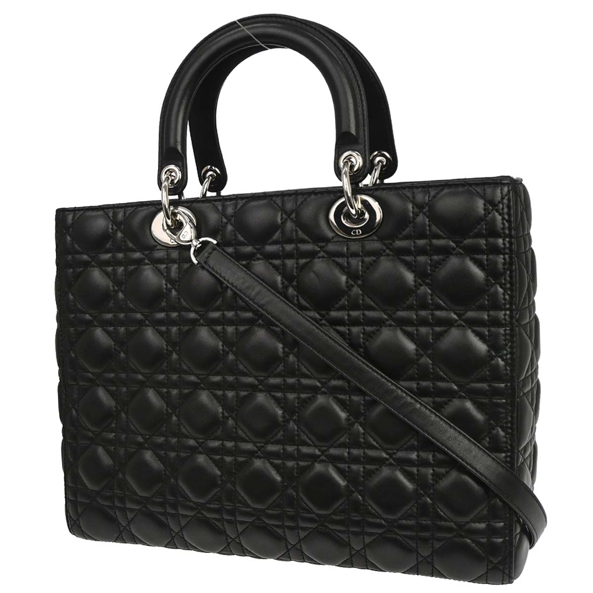 Christian Dior Black Lambskin Large Lady Dior Cannage 2way Shoulder Handbag