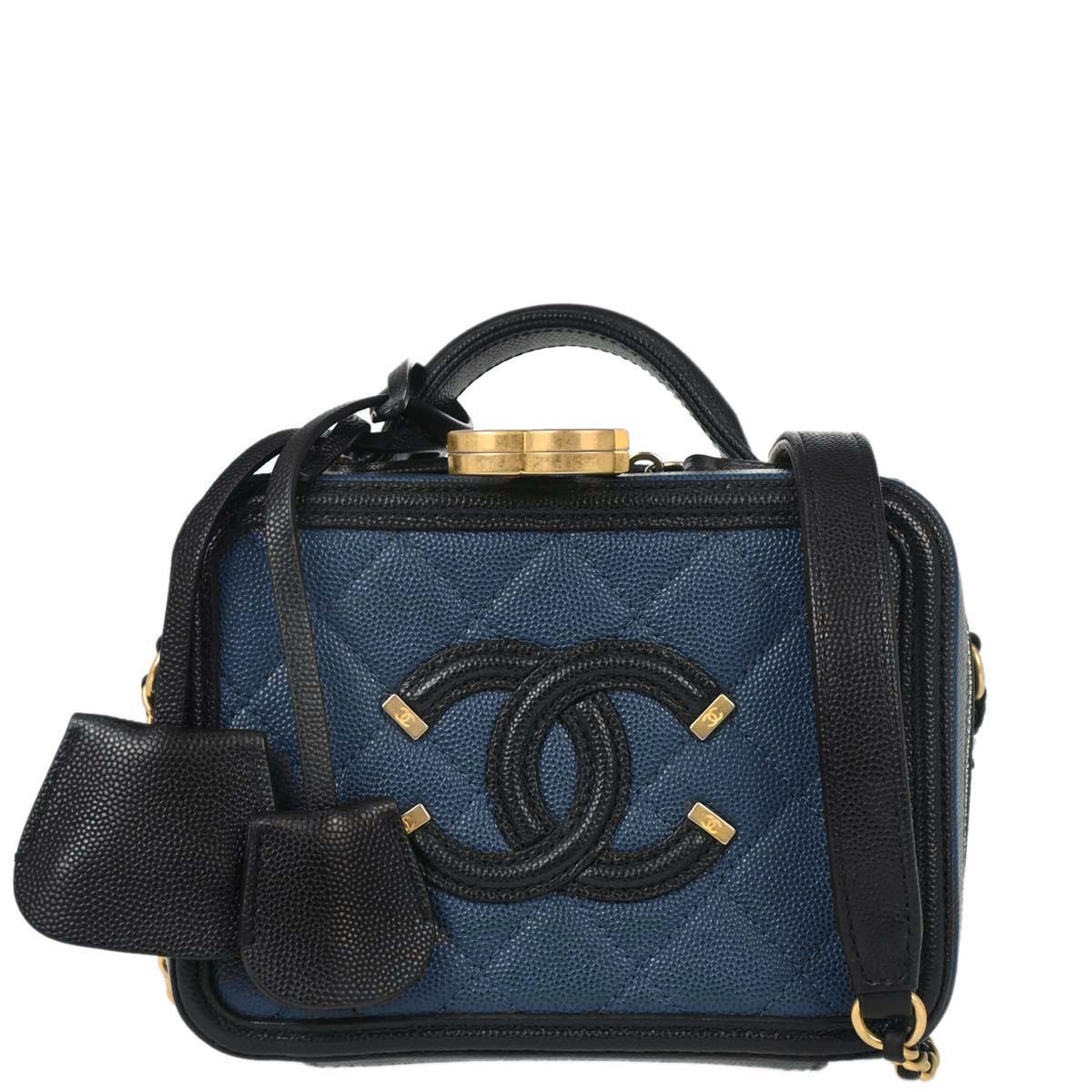 Chanel Navy Black Caviar Skin Bicolor Filigree 2way Shoulder Vanity Handbag