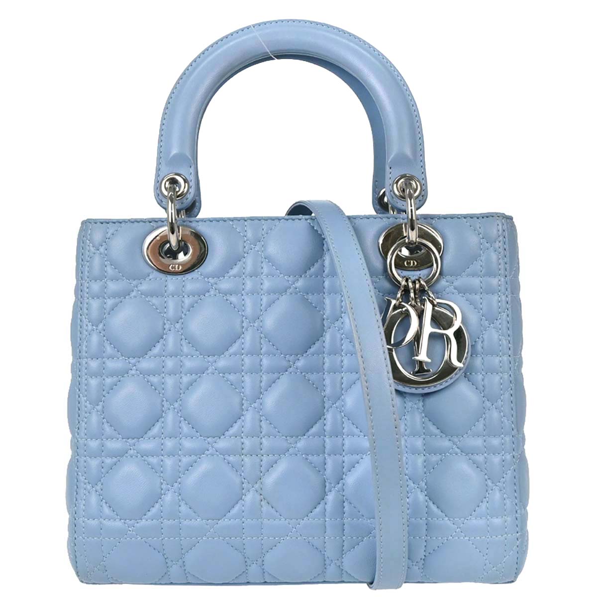 Christian Dior Blue Lambskin Medium Lady Dior Cannage 2way Shoulder Handbag