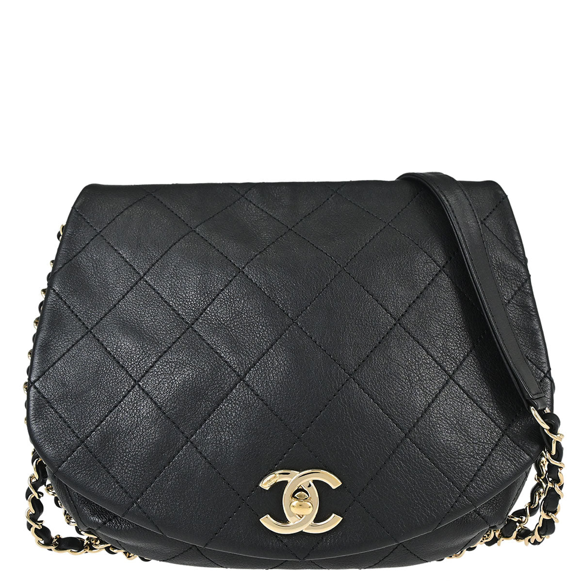 Chanel Black Calfskin Chain Around Saddle Flap Shoulder Bag