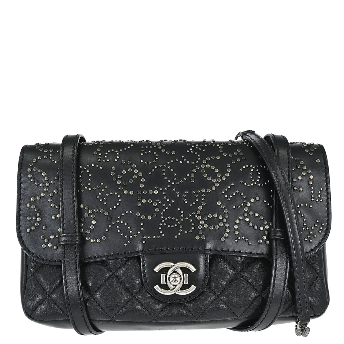 Chanel 2014 Black Lambskin Paris-Dallas Studded Flap Shoulder Bag