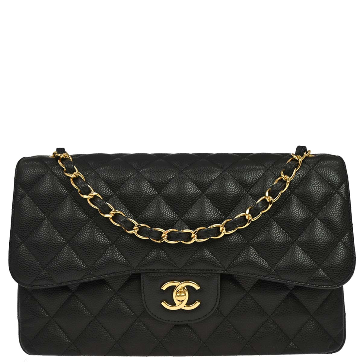Chanel 2019 Black Caviar Skin Jumbo Classic Double Flap Shoulder Bag