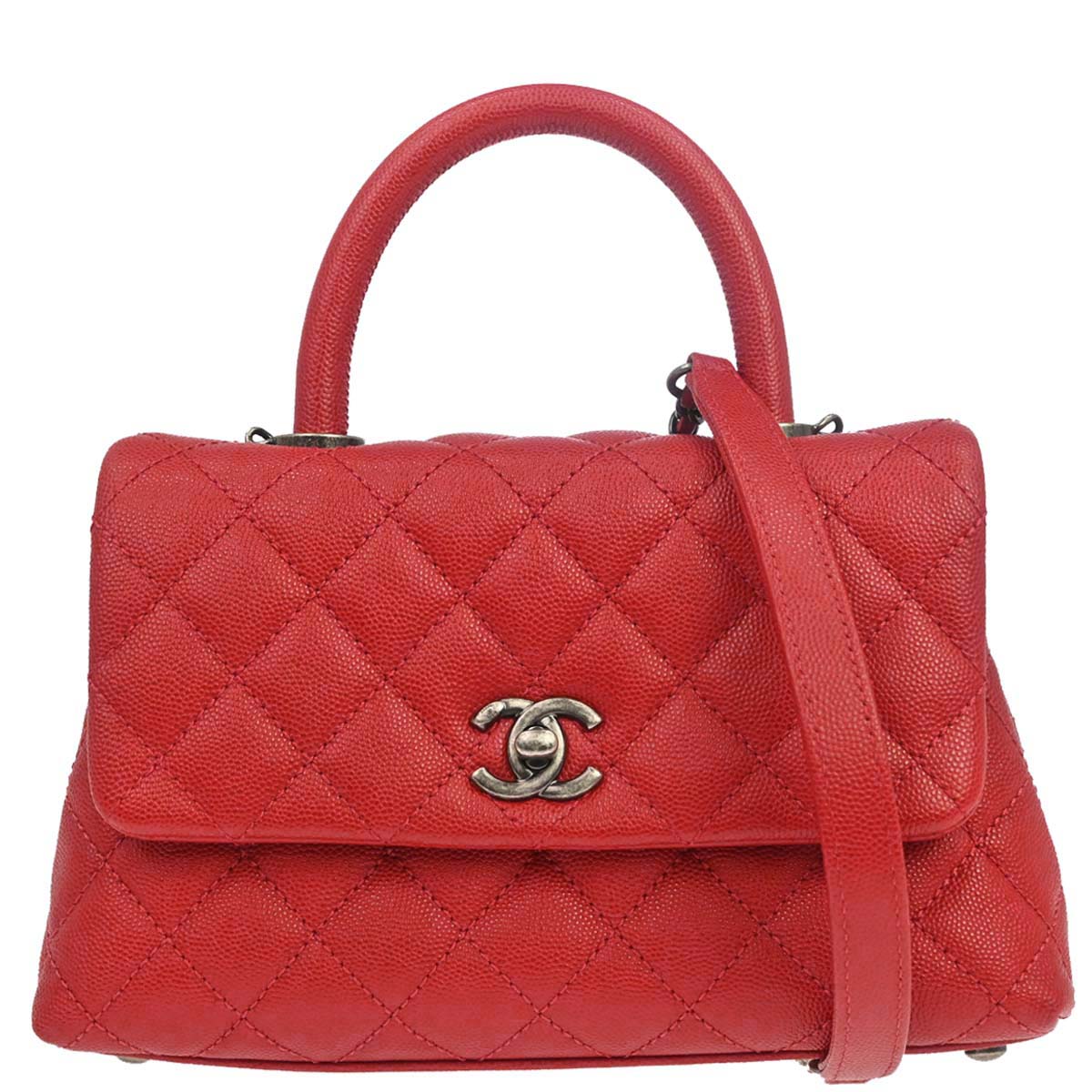 Chanel 2017 Red Caviar Skin Coco Handle 2way Shoulder Handbag