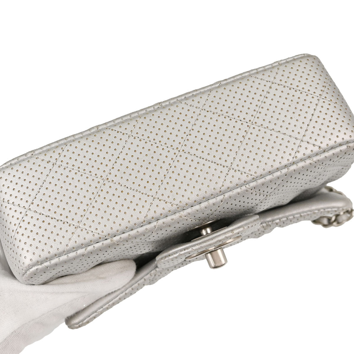 Chanel 2014-2015 Silver Perforated Lambskin Single Flap Shoulder Bag