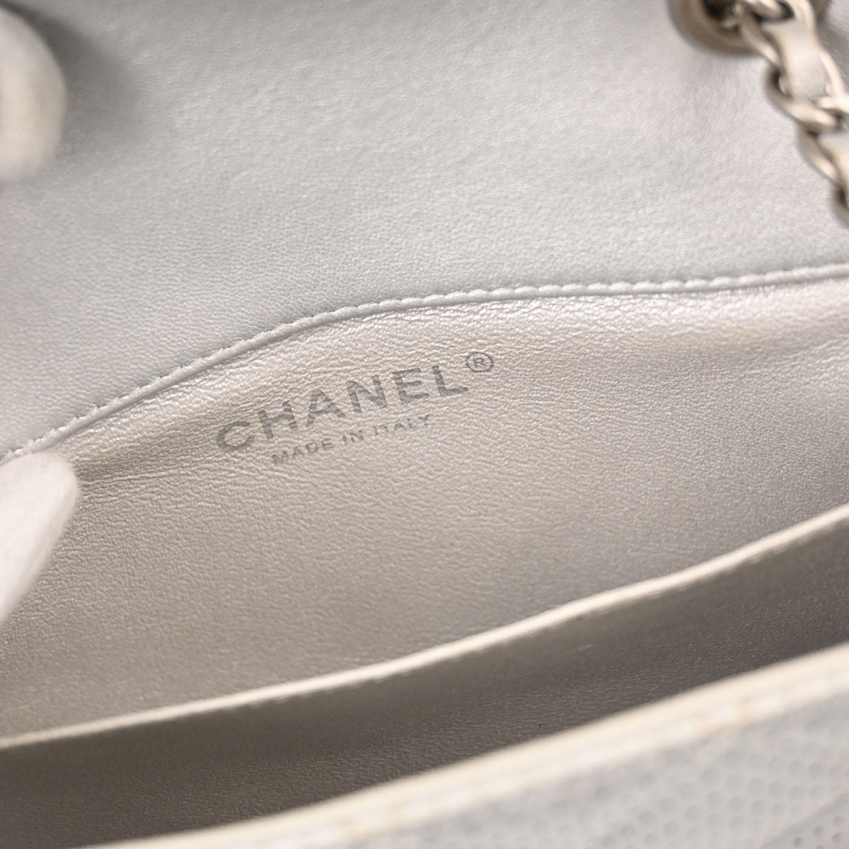 Chanel 2014-2015 Silver Perforated Lambskin Single Flap Shoulder Bag