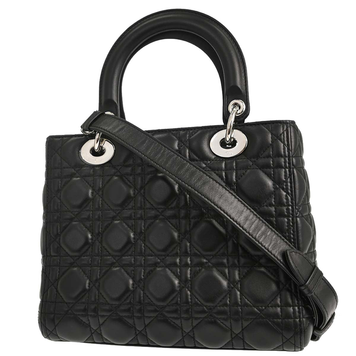 Christian Dior Black Lambskin Lady Dior Cannage 2way Shoulder Handbag