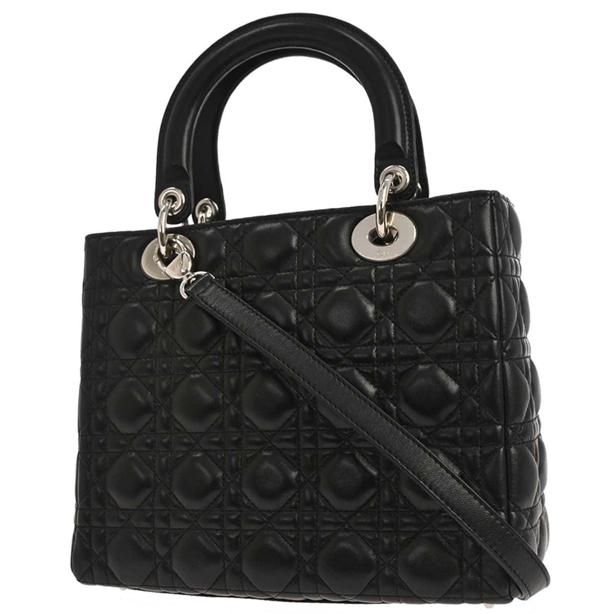 Christian Dior Black Lambskin Lady Dior Cannage 2way Shoulder Handbag