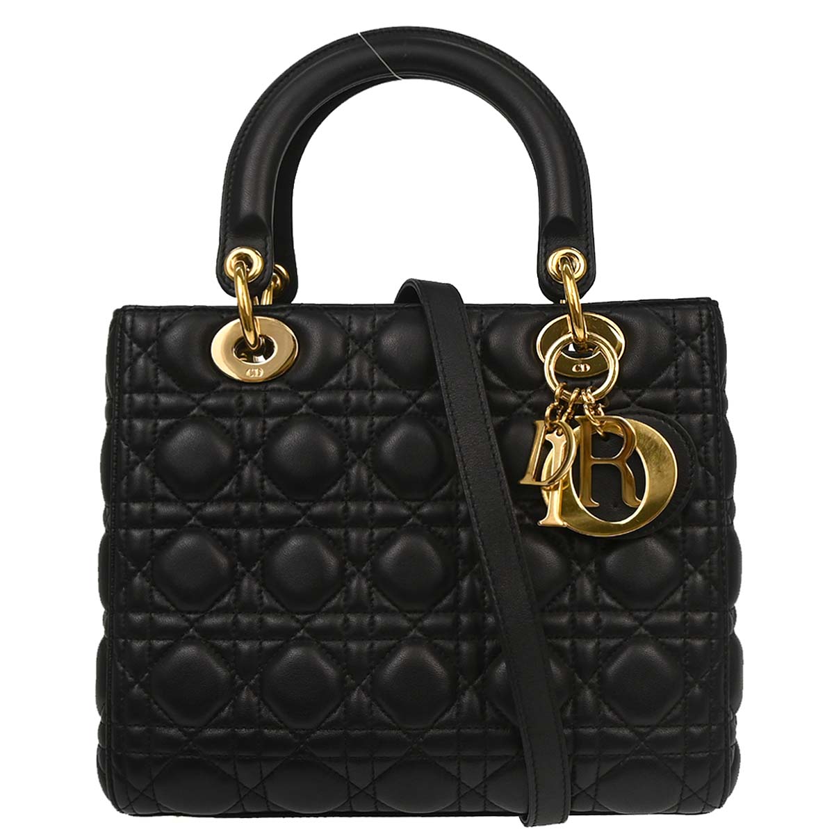 Christian Dior Black Lambskin Medium Lady Dior Cannage 2way Shoulder Handbag