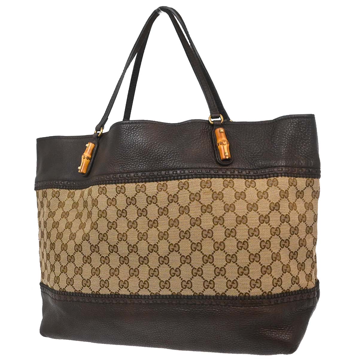 Gucci Beige Canvas Bamboo GG Tote Handbag