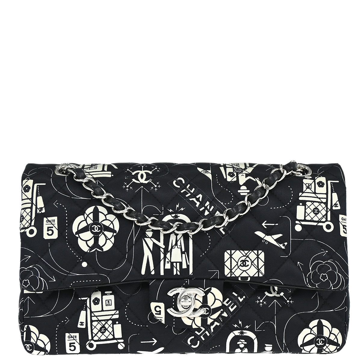 Chanel Black Satin Airline Medium Classic Double Flap Shoulder Bag