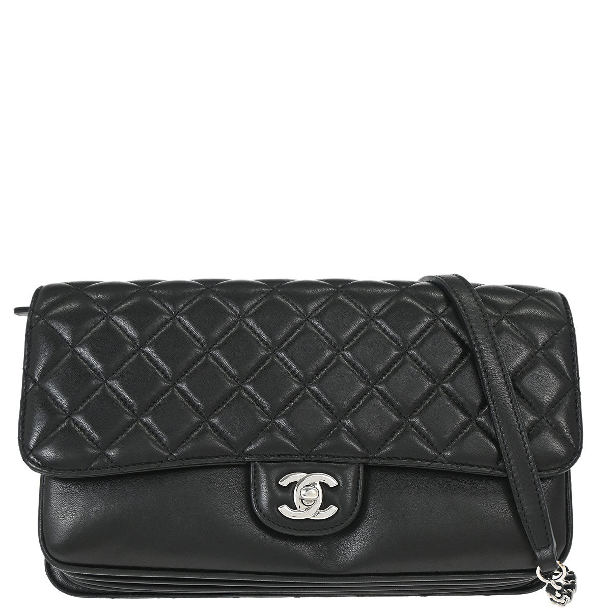 Chanel Black Lambskin Clams Pocket Accordion Flap Shoulder Bag