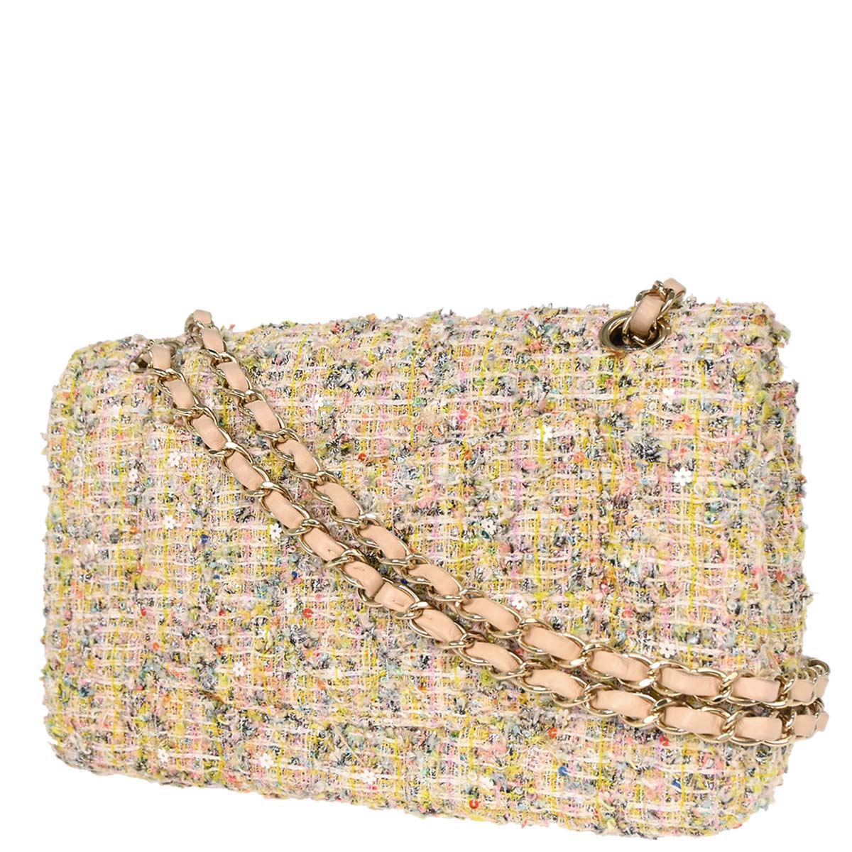 Chanel White Tweed Garden Party Medium Classic Double Flap Shoulder Bag