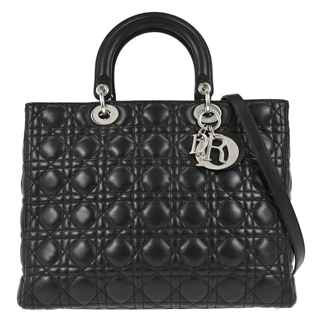 Christian Dior Black Lambskin Large Lady Dior Cannage 2way Shoulder Handbag