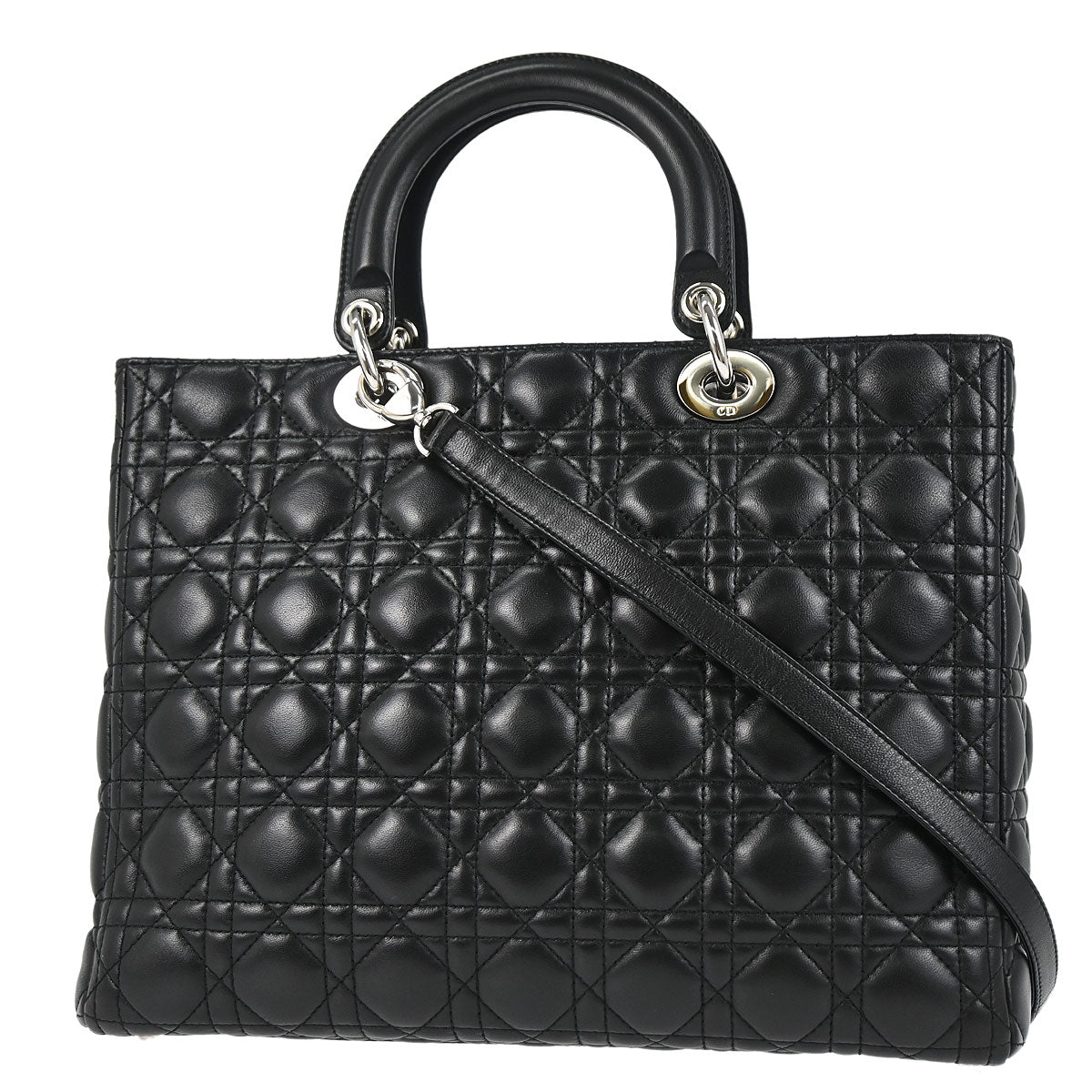 Christian Dior Black Lambskin Large Lady Dior Cannage 2way Shoulder Handbag