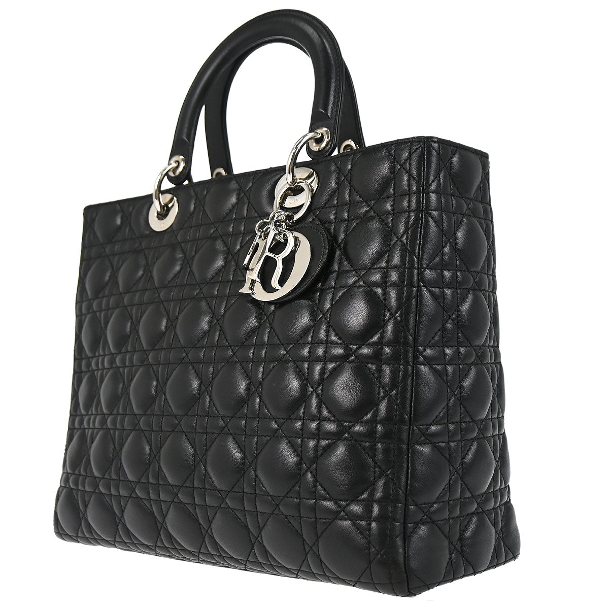 Christian Dior Black Lambskin Large Lady Dior Cannage 2way Shoulder Handbag