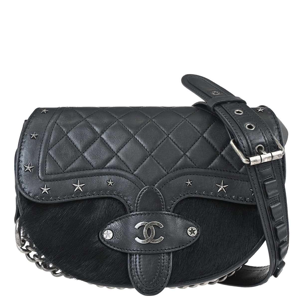 Chanel Black Calfskin Pony Hair Paris-Dallas Saddle Shoulder Bag