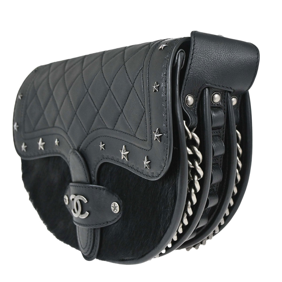 Chanel Black Calfskin Pony Hair Paris-Dallas Saddle Shoulder Bag