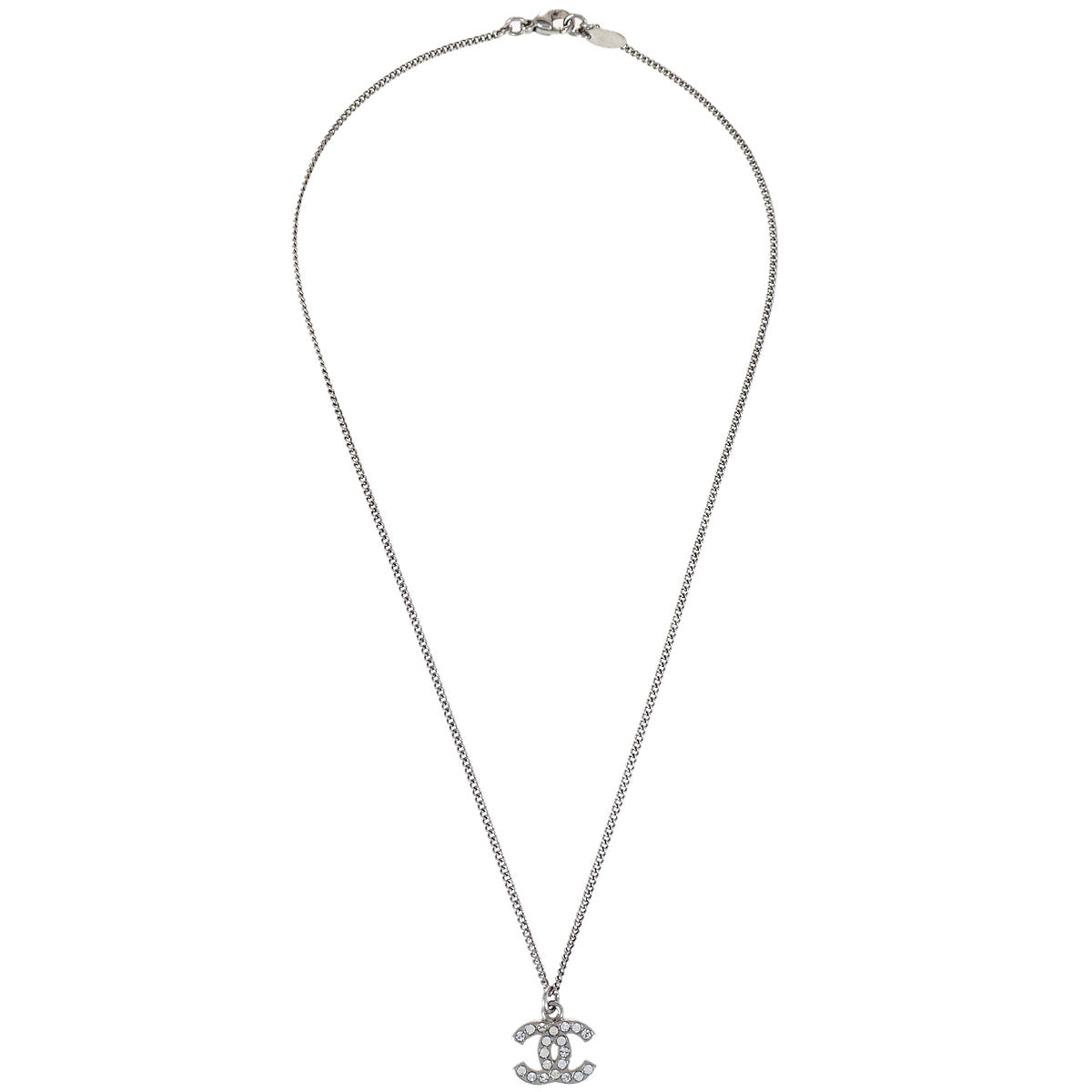 Chanel CC Chain Necklace Pendant Silver Rhinestone 10V